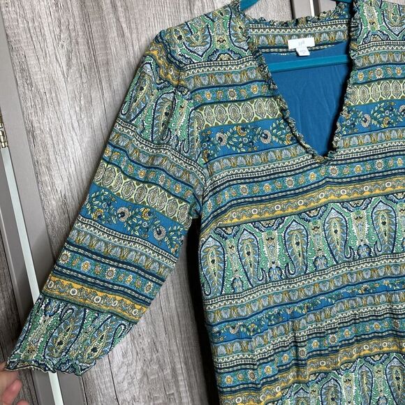 J Jill Midi Dress A Line Lined Blue and Green Short Sleeve Resort Size Medium - Picture 7 of 9